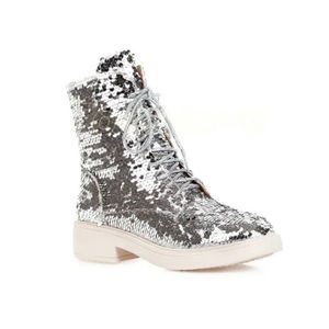 Women Round Toe Sequins Boots Silver Heel Lace Up Casual Ankle Boot size 41/US 9